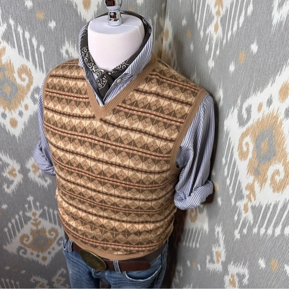 Ralph Lauren Purple Label Tan Multi Fair isle  Geometric V-Neck Sweater Vest